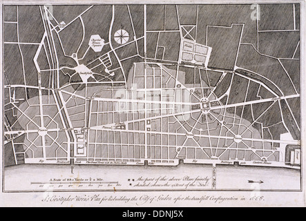 Entwurf des Plans für den Wiederaufbau der Stadt von London nach dem Großbrand im Jahre 1666. Künstler: Anon Stockfoto