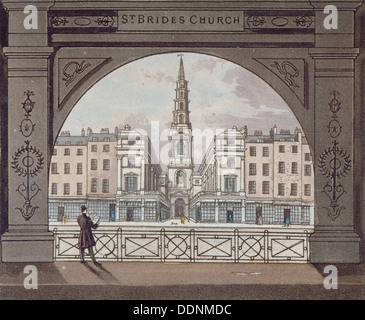 Blick auf St Bride Kirche, Fleet Street, durch einen Torbogen, der Londoner City, 1820. Künstler: Anon Stockfoto