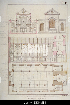 Abschnitt, Ansicht und Grundriss St Bride Kirche, Fleet Street, City of London, 1840. Künstler: H Ansted Stockfoto