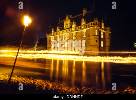 Son Et Lumiere-Show im Schloss Azay le Rideau, Loire, Frankreich Stockfoto