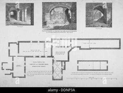 Plan und zwei Ansichten der Crosby Hall Gewölbe auf keine 36 Bishopsgate, City of London, 1816. Künstler: William Wise Stockfoto