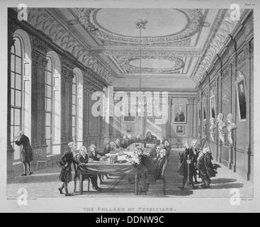 Innenraum der Vorstandsetage mit Vorstandsmitgliedern, College of Physicians, City of London, 1808. Künstler: Augustus Charles Pugin Stockfoto