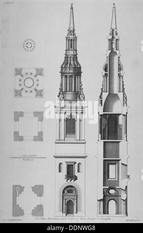 Plant, Erhebungen und Abschnitt der Kirche St Mary-le-Bow, Cheapside, City of London, 1725. Künstler: Sir Christopher Wren Stockfoto