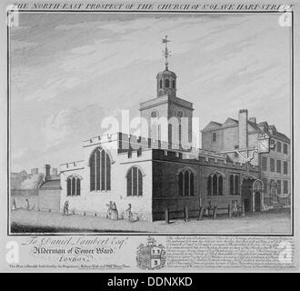 Nordost-Aussicht auf die Kirche von St Olave Hart Street, City of London, 1736. Künstler: William Henry Toms Stockfoto