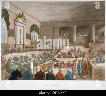 Innenansicht des Hauses Sessions, Old Bailey mit einem Gericht in Sitzung, Stadt von London, 1809. Künstler: Augustus Charles Pugin Stockfoto