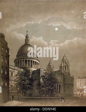 Nordost-Blick auf St. Pauls Cathedral bei Mondschein, City of London, 1850. Künstler: Anon Stockfoto