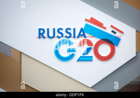 St. Petersburg, Russland. 05. Sep, 2013. Das Logo der Staats-und Regierungschefs der G20? Gipfel in St. Petersburg, Russland, 5. September 2013 gesehen. Der G20-Gipfel findet vom 05 bis 06 September statt. Foto: KAY NIETFELD/Dpa/Alamy Live News Stockfoto
