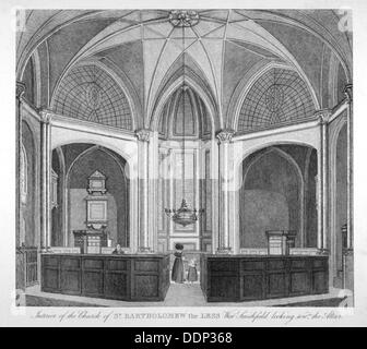 Interieur von der Kirche des Hl. Bartholomäus-the-Less mit Blick auf den Altar, City of London, 1834.   Künstler: Anon Stockfoto