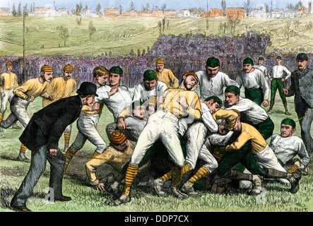 Thankgiving-Day Fußballspiel zwischen Yale und Princeton, 1879. Hand - farbige Holzschnitt Stockfoto