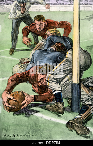 Touchdown gezählt in einem College Football Spiel, Anfang 1900. Hand - farbige Holzschnitt Stockfoto