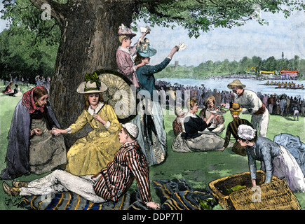 Zuschauer picknicken am Henley Royal Regatta, England, 1880. Hand - farbige Holzschnitt Stockfoto