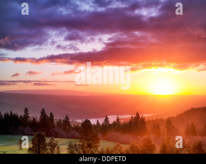 Sonnenaufgang mit Columbia River. Columbia River Gorge National Scenic Bereich, Oregon Stockfoto