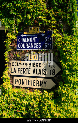 Französische Verkehrszeichen auf Efeu bedeckt Haus. Stockfoto