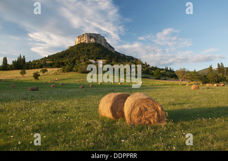 Die schwindelerregenden Klippen von Rock Vellan dominieren das Dorf Plan de Baix und umliegenden Felder, den Regionalpark Vercors, La Drôme, Frankreich. Stockfoto