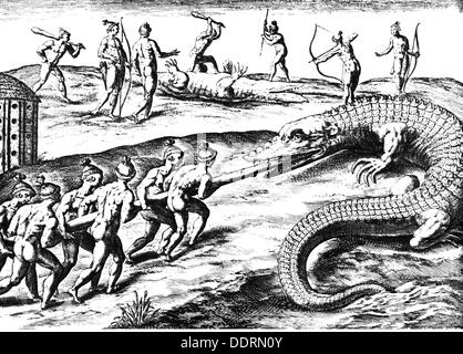 Hunt, Alligator, Alligator Jagd in Florida von den Eingeborenen, Kupferstich, 'Indien Occidentales" von Theodor de Bry, 1591, Artist's Urheberrecht nicht gelöscht werden Stockfoto