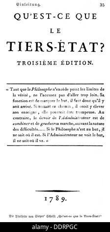 Sieyes, Emmanuel-Joseph, 3.5.1748 - 20.6.1834, französischer Geistlicher und Politiker, oevre, 'Que'est-ce que le Tiers etat?' (was Ist das Dritte gut?), Titelseite, dritte Ausgabe, Paris, 1789, Stockfoto