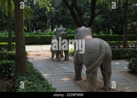 Ming-Gräber, Nanjing, China. Statuen von "Qilin", manchmal auch als "chinesische Einhörner" Elephant unterwegs. Stockfoto