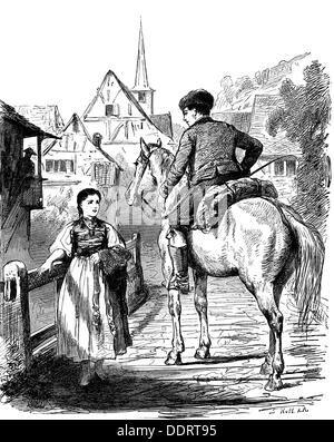 Auerbacher, Berthold, 28.2.1812 - 8.2.1882, deutscher Autor/Schriftsteller, Werke, "Barfüssele", 1856, nach Zeichnung von Benjamin Vautier (18-1898), Holzgravur von L.Ruff, Verlag der Cottaschen Verlagsbuchhandlung, Stuttgart, 1869, Stockfoto