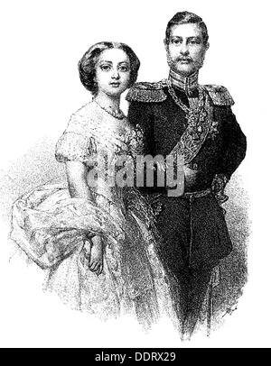 Friedrich III., 18.10.1831 - 15.6.1888, Deutscher Kaiser 9.3. - 15.6.1888, halbe Länge, mit Frau Victoria Adelaide, Holzgravur, 1857, Stockfoto