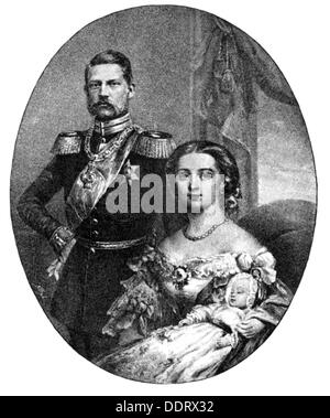 Friedrich III., 18.10.1831 - 15.6.1888, Deutscher Kaiser 9.3. - 15.6.1888, mit Frau Victoria Adelaide ans Sohn Prinz William, Holzgravur, 1859, Stockfoto