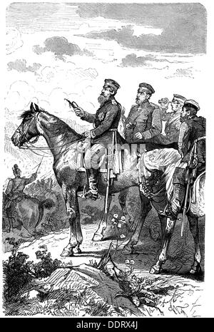 Friedrich III., 18.10.1831 - 15.6.1888, Deutscher Kaiser 9.3. - 15.6.1888, Kommandierender General der Bundeswehr 1870 - 1871, auf den Höhen von Schweigen während der Schlacht bei Wissembourg, 4.8.1870, zeitgenössische Holzgravur, Stockfoto