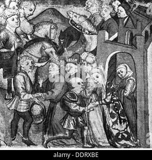 Literatur, Nibelungen, Nibelungen sind in Bechelaren willkommen, Illustration aus der Hündeshagen-Handschrift B, Augsburg, um 1436 - 1442, Additional-Rights-Clearences-not available Stockfoto