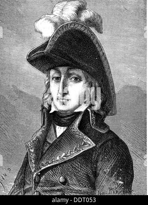 Augereau, Pierre Francois Charles, 11.11.1757 - 11.6.187, französischer General, halbe Länge, ca. um das Jahr 1795, Holzgravur, 19. Jahrhundert, Stockfoto