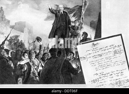 (Lenin, Wladimir Iljitsch Uljanov), 22.4.1870 - 21.1.1924, russischer Politiker, Dokumente und Gemälde von seiner Ankunft an den Finnischen Bahnhof in St. Petersburg am 16.4.1917, Foto Postkarte, 1965, Artist's Urheberrecht nicht gelöscht werden Stockfoto