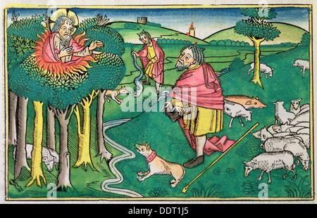 Exodus 3:1-22 und 4:1-4: der brennende Dornbusch Amd Gott Moses mit den wunderbaren Stab bewaffnet. Künstler: unbekannt Stockfoto