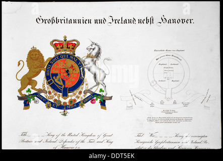 Wappen des Königs des Vereinigten Königreichs von Großbritannien und Irland und Hannover, 19. Jahrhundert. Künstler: unbekannt Stockfoto