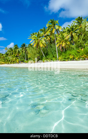 COOK-Inseln, Aitutaki Insel, tropischen weißen Sandstrand mit türkisfarbenem Wasser und Palmen - Strand Amuri, Südpazifik Stockfoto