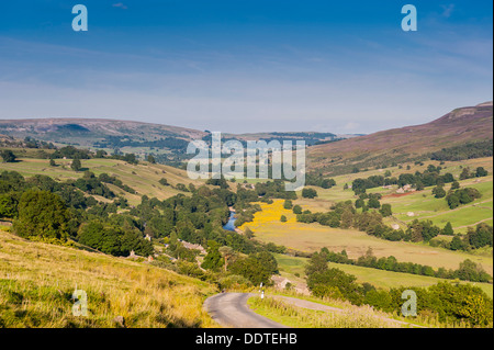 Blick hinunter auf Low Row und die Fluß Senke im Swaledale, North Yorkshire, England, Großbritannien, Uk Stockfoto