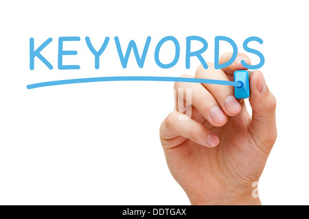 Handschrift Keywords mit blaue Markierung auf transparente wischen. Stockfoto