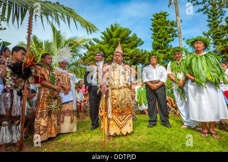 AITUTAKI - traditionellen polynesischen Kostüm während der Parade der Amtseinführung von Makirau Haurua in Cook Inseln - South Pacific Stockfoto