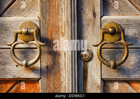 alte Messing Türgriffe am Holztor Stockfoto