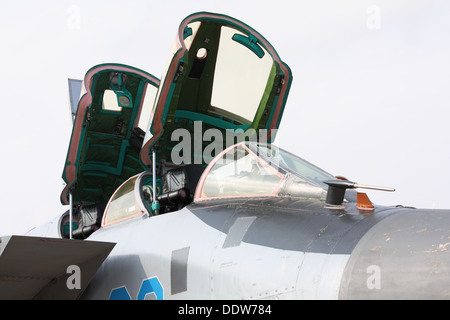 Die Mikoyan-Gurevich MiG-31BM, die auf dem MAKS-2013 Aerospace Salon präsentiert wird, ist ein russisches Überschallflugzeug, das von der russischen Luftwaffe eingesetzt wird. Es ist für Hochgeschwindigkeitsabfangen und Luftabwehr ausgelegt. Stockfoto