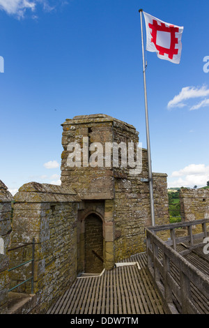 Die Spitze des Südturmes Stokesay Castle in Shropshire. Die am besten erhaltene befestigte mittelalterliche Herrenhaus in England. Stockfoto