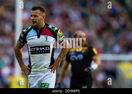 London, UK. 07. Sep, 2013. Harlekine Scrum-Hälfte Danny Care. Aktion aus London Wasps Vs Harlequins in der Aviva Premiership London Doppel-Header Match gespielt im Twickenham Stadium, London. Bildnachweis: Graham Wilson/Alamy Live-Nachrichten Stockfoto