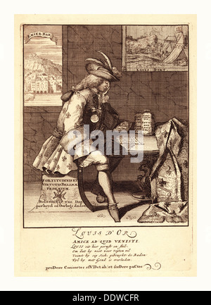 Louis d ' or, [1705], 1 Druck: Radierung, Print zeigt Louis XIV sitzen an einem Tisch, ruht auf dem linken Ellbogen Stockfoto