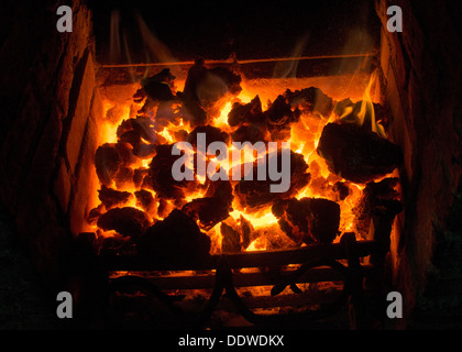 Kohle-Feuer im Kamin Stockfoto