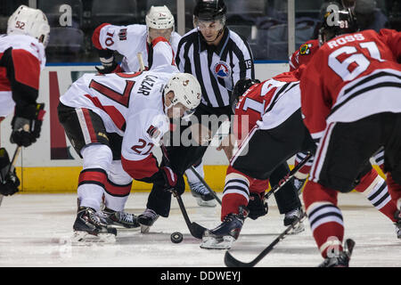 London Ontario, Kanada. 07. Sep, 2013. Ein Faceoff zwischen Curtis Lazar (27) von den Ottawa Senators und Drew LeBlanc (14) von den Chicago Blackhawks während eines Spiels auf der 2013 National Hockey League Rookie Turnier gespielt bei Budweiser Gardens in London Ontario, Kanada am 7. September 2013.  Die Ottawa Senataors besiegte die Chicago Blackhawks mit einem Score von 4: 3 in einer Schießerei. Bildnachweis: Mark Spowart/Alamy Live-Nachrichten Stockfoto