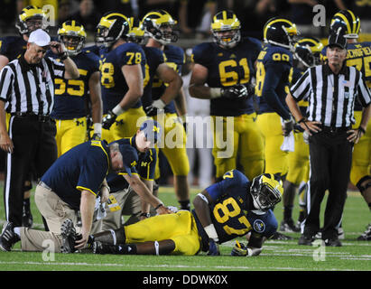 Ann Arbor, Michigan, USA. 7. September 2013. 7. September 2013: Devin Funchess #87 von Michigan ist während der NCAA Football-Spiel zwischen den Notre Dame Fighting Irish und die Michigan Wolverines in Michigan Stadium in Ann Arbor, Michigan Seth Graves/CSM/Alamy Live News verletzt. Stockfoto