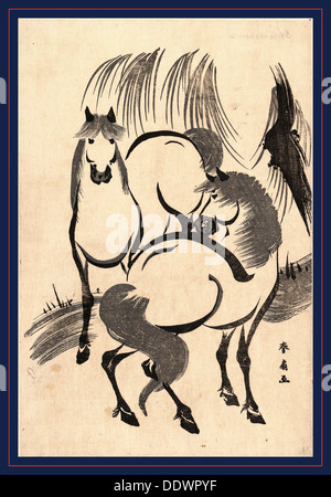 Ryuka kein Uma Pferde unter einer Weide. [zwischen 1804 und 1818] 1 print: Holzschnitt; 34,5 x 23,2 cm., zeigt Print zwei Stockfoto