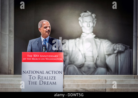 US-Justizminister Eric Holder liefert Hinweise auf den 50. Jahrestag des Marsches auf Washington 24. August 2013 in Washington, DC. Stockfoto