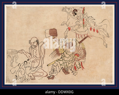 Tengu Nado, Tengu und Vermischtes. Krieger auf dem Pferderücken, Krieger mit großen Axt und ein Alter Mann, sitzend, schlagen einer Trommel mit einem Stockfoto