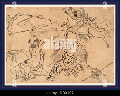 Tengu Nado, Tengu und Vermischtes. Krieger auf dem Rücken der Pferde, Mann mit Schwert, Krieger mit großen Axt, Abbildung Kopf mit langen Stockfoto