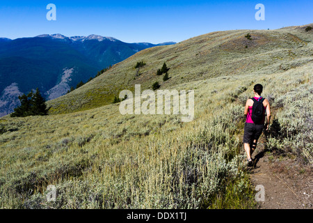 Mädchen Wanderweg Testalinden auf Mount Kobau, South Okanagan Grasland Protected Area, British Columbia, Kanada. Stockfoto