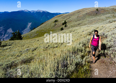 Mädchen Wanderweg Testalinden auf Mount Kobau, South Okanagan Grasland Protected Area, British Columbia, Kanada. Stockfoto