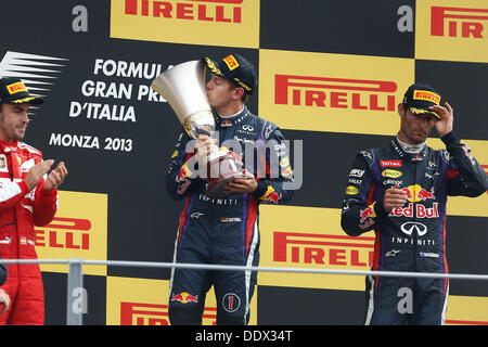 Motorsport: FIA Formel 1 Weltmeisterschaft 2013, Grand Prix von Italien, #3 Fernando Alonso (ESP, Scuderia Ferrari), #1 Sebastian Vettel (GER, Infiniti Red Bull Racing), #2 Mark Webber (AUS, Infiniti Red Bull Racing), Stockfoto