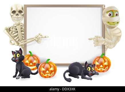 Halloween Schild Banner mit orange Halloween-Kürbisse und schwarze Hexe Katzen, Besenstiel, Skelett und Mumie Comicfiguren Stockfoto